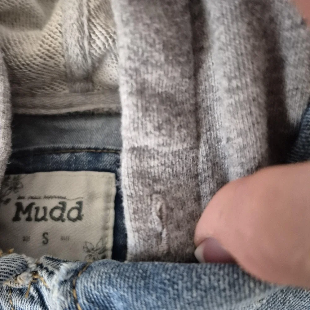 Mudd Jacket‎ Girls Small Blue Denim Gray Hoodie Sleeves Floral Embroidered